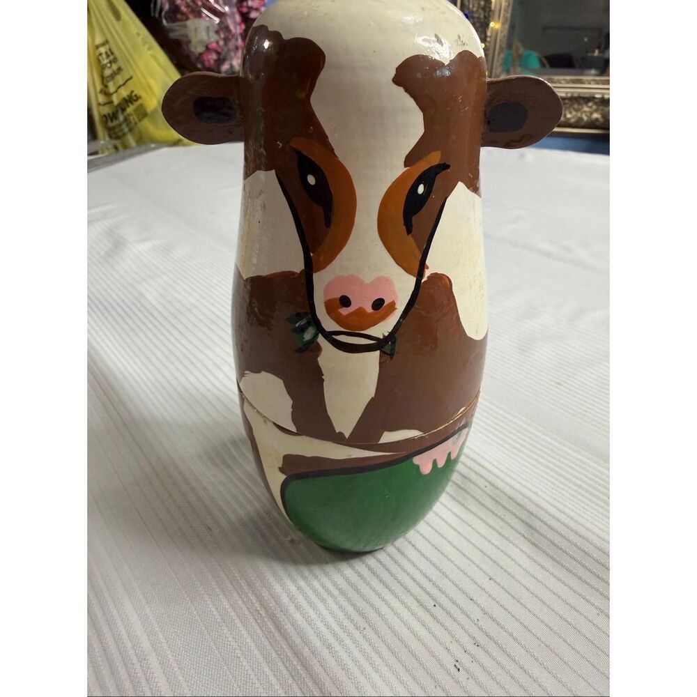 Hand Painted Wood Animal Nesting Dolls 5 Piece Set Cow Rooster Lamb Pig
